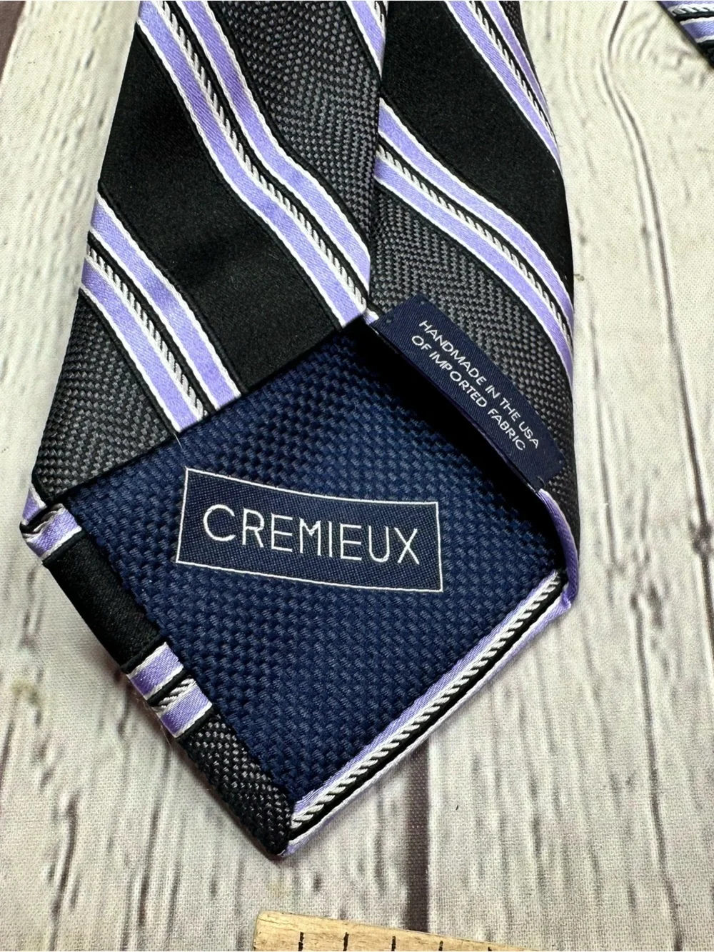 Cremieux Black silk Tie lavender diagonal Stripes menswear preppy office classic